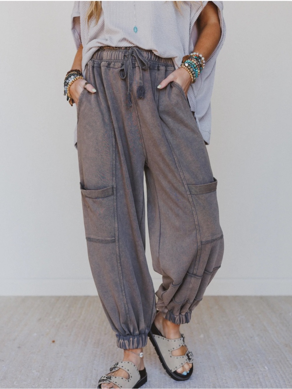 Three Bird Nest Brown Washed Cargo Joggers
